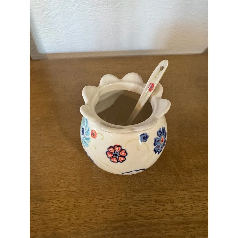 Anthropologie Floral Ceramic Sugar Bowl with Spoon NO LID Floral Design‎